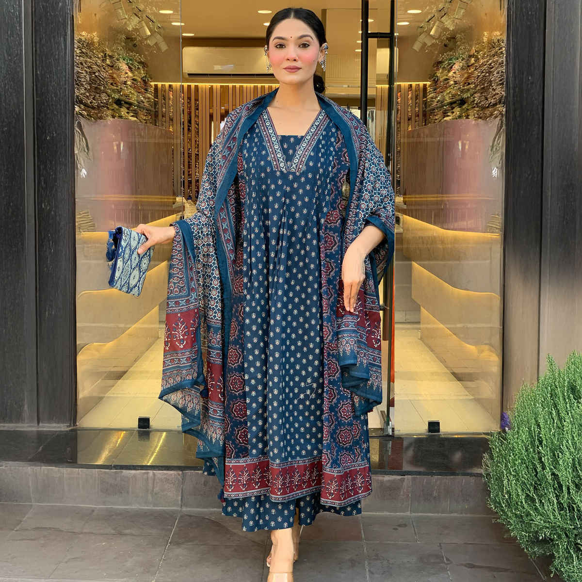 GoSriKi Women's Viscose Rayon Anarkali Printed Kurta with Pant & Dupatta | NAKULA | Blue - XL