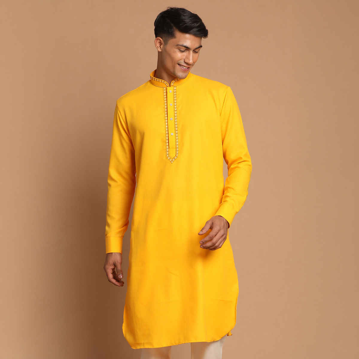 Vastramay Men's Cotton Blend Kurta for Eid | Yellow - L