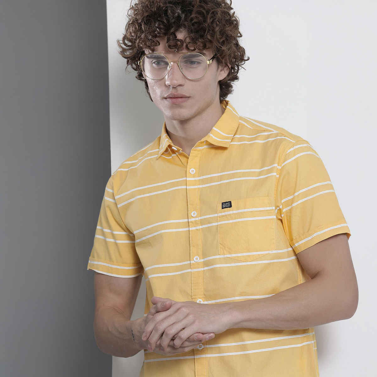 The Indian Garage Co Men's Slim Fit Striped Casual Half Sleeve Shirt | Yellow - 2XL