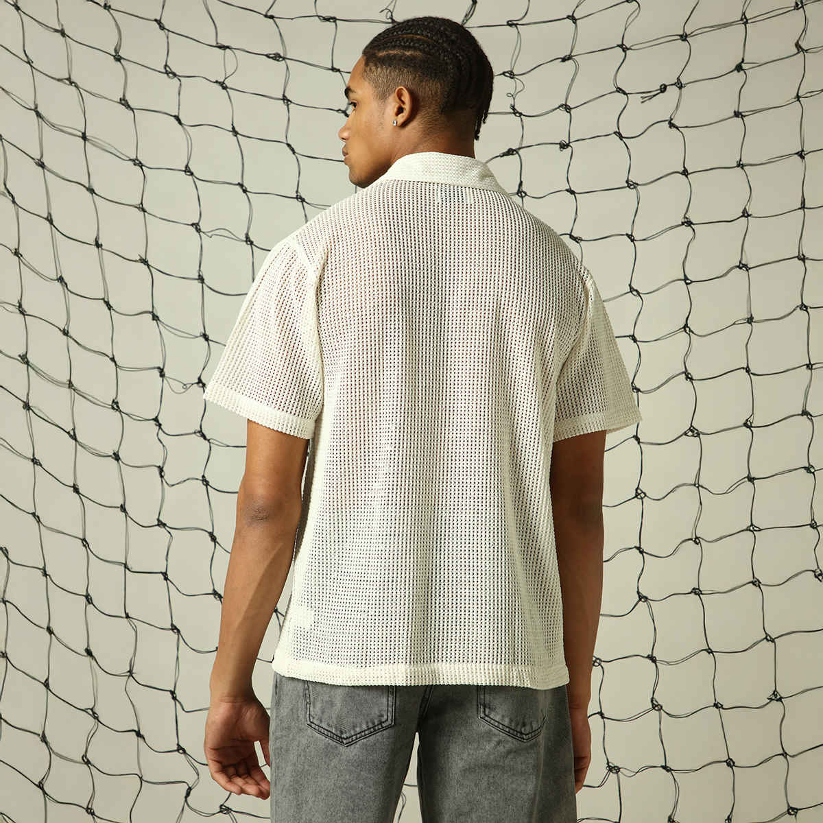 Hubberholme Men's Opaque Solid Cuban Collar Textured Fabric Oversized Casual Shirt | White - 38