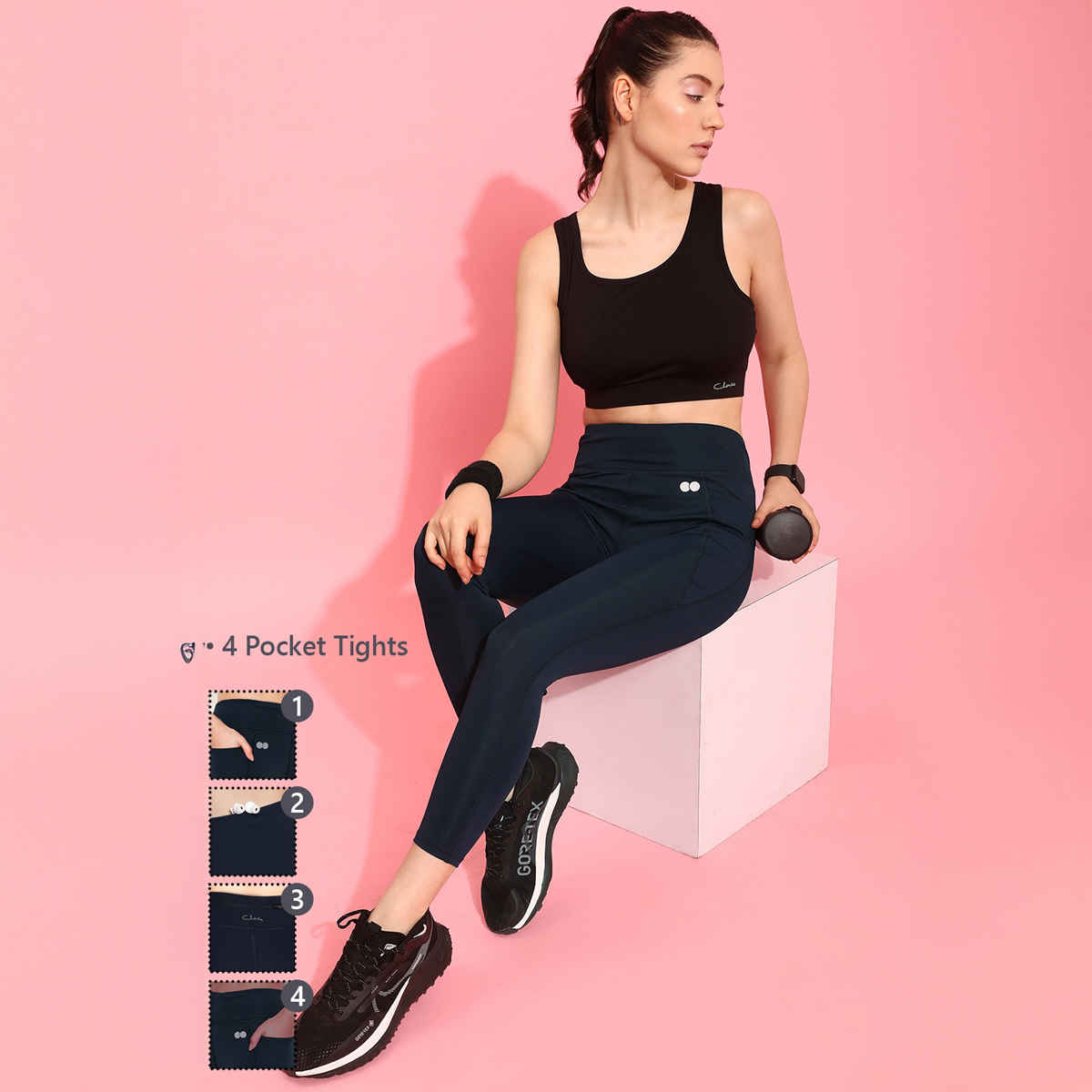 Clovia Snug Fit High Rise 4 Pocket Active Tights | Blue | M