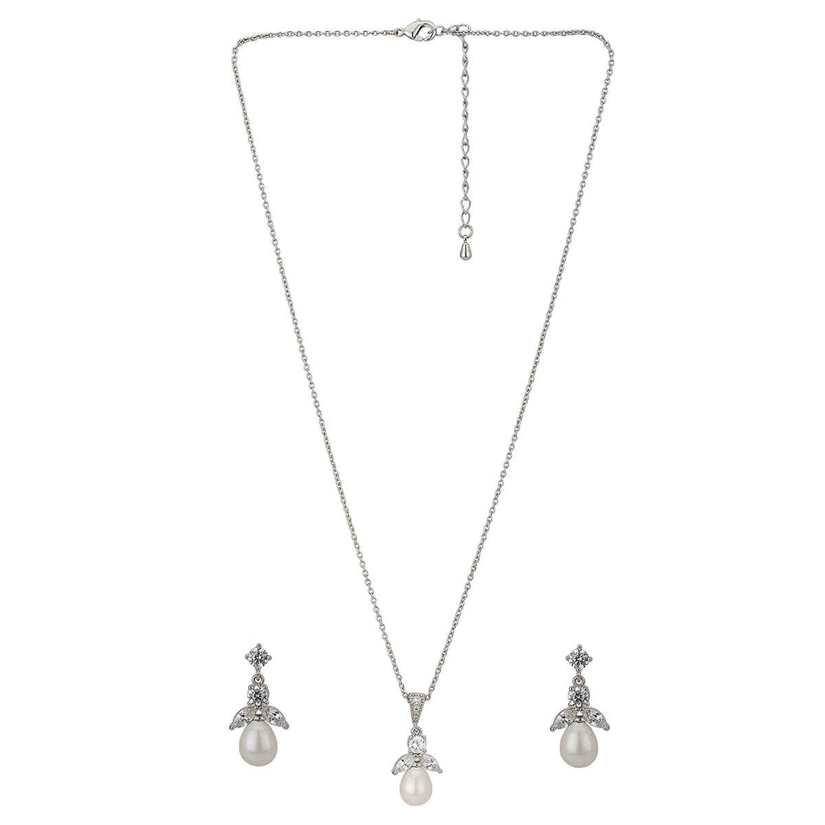 Carlton London Rhodium Plated with CZ and Pearl Necklace and Earring Set | FJS3330