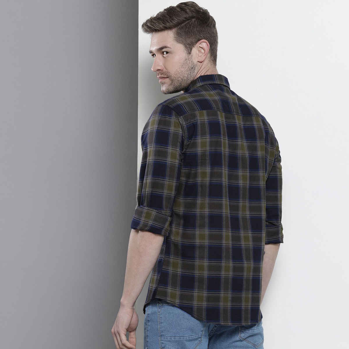 The Indian Garage Co Men's Slim Fit Checkered Casual Shirt | Navy Blue & Green - 2XL