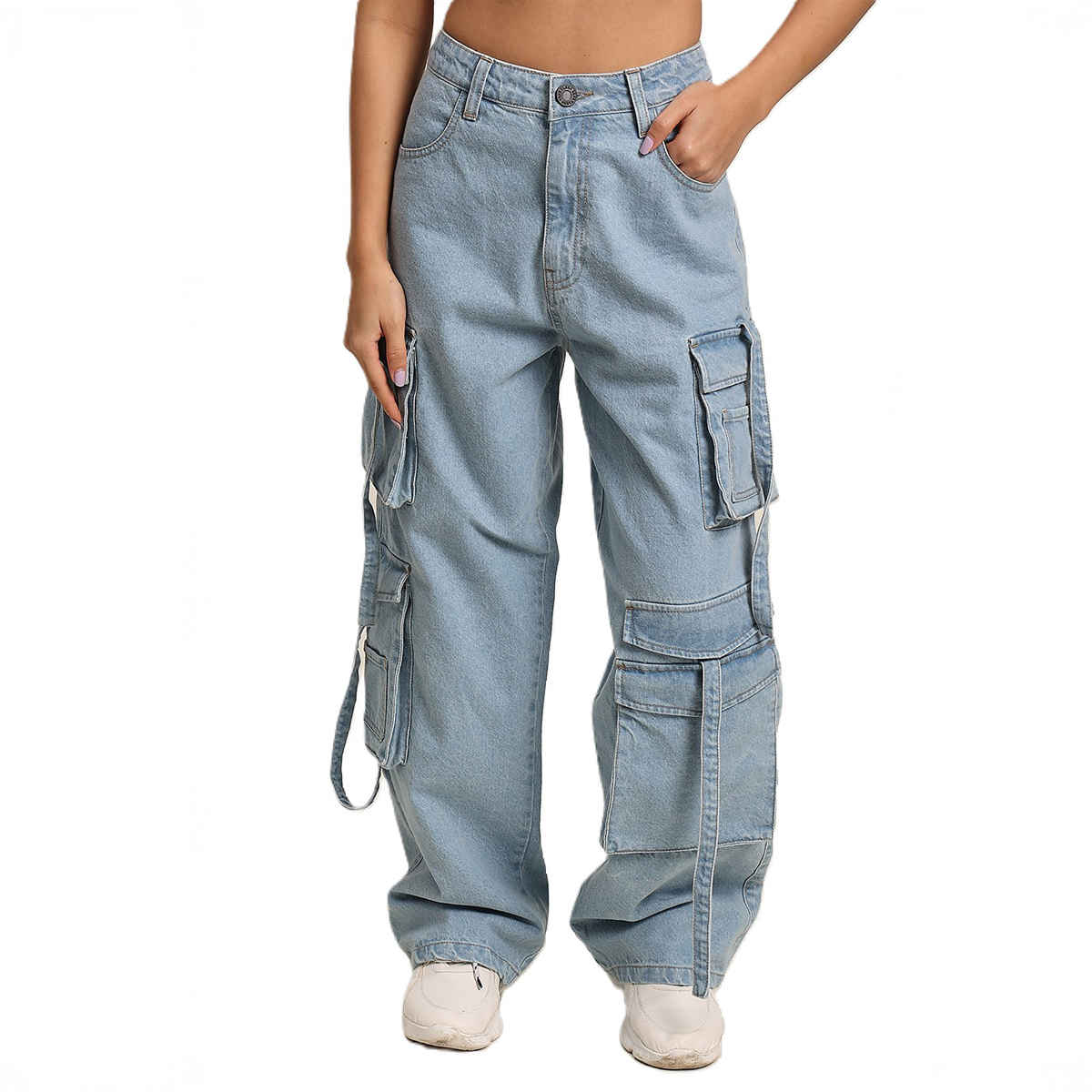 Bene Kleed Women's Relaxed Denim Cargo Trousers | Light Blue - 34