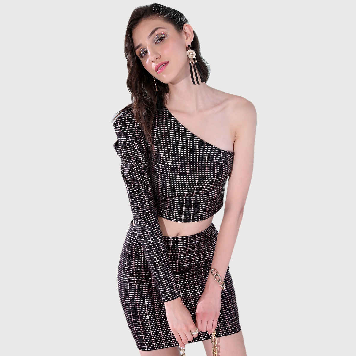Ketch Women Geometric Printed One-Shoulder Crop Top With Mini Skirt Co-ords | Multicolor | M