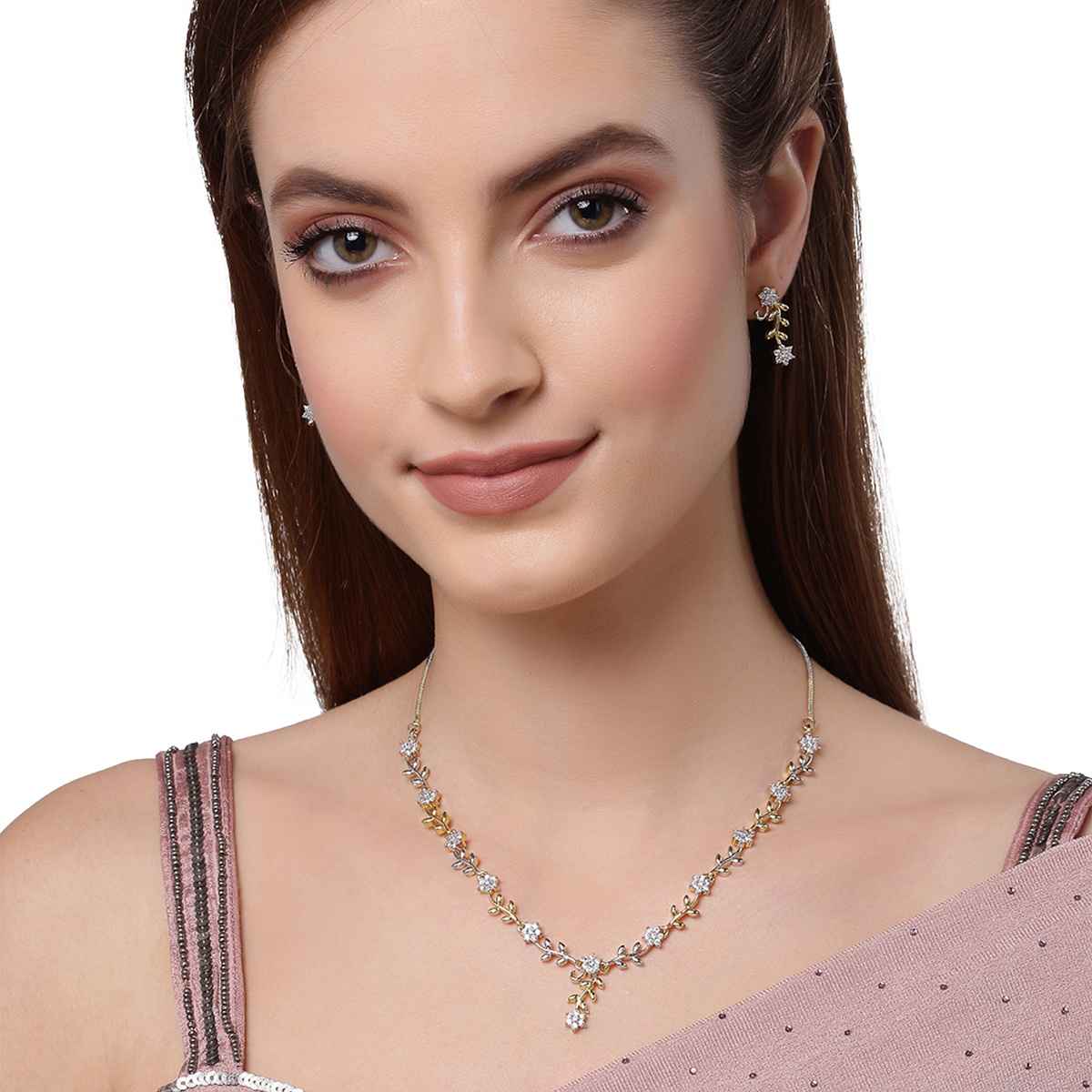 Zeneme Gold-Plated Silver-Toned White AD-Studded Leaf & Flower Shaped Jewellery Set For Women