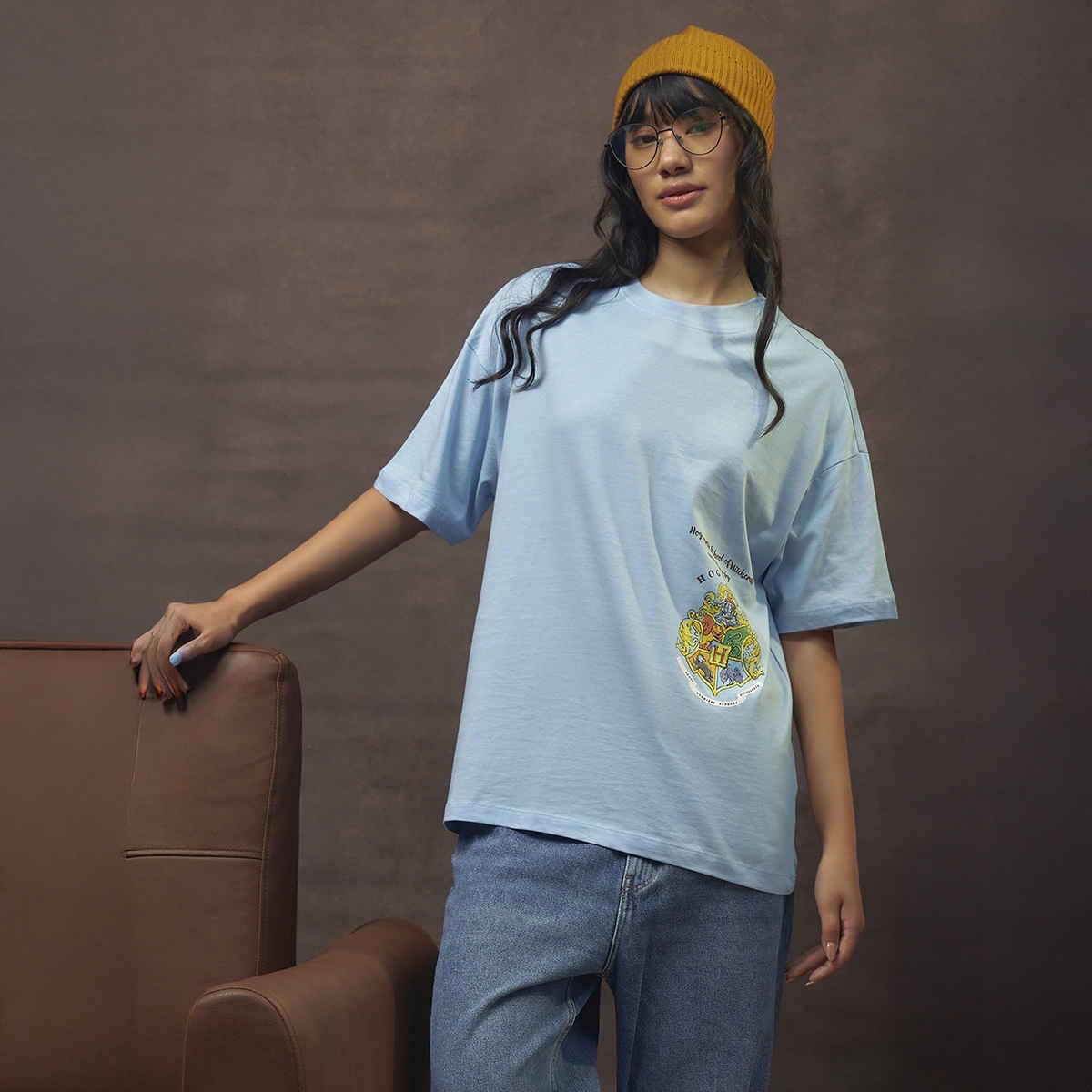 Bewakoof Women's School of Witch Craft Graphic Printed Oversized T-shirt | Blue - L