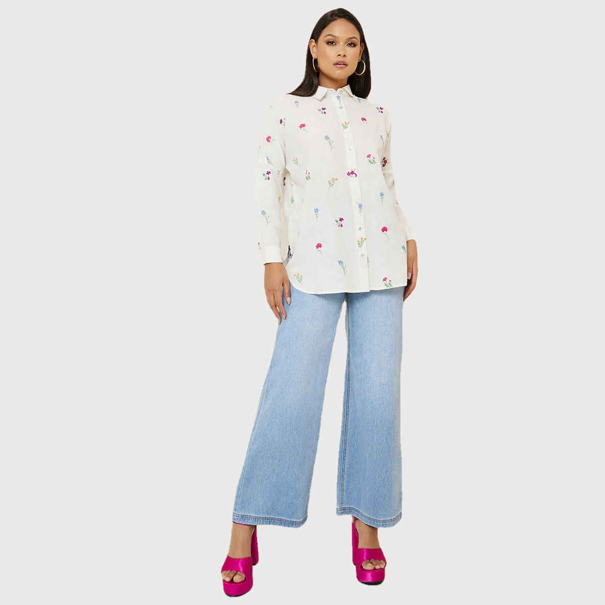 Styli Women's Longline Shirt with All Over Embroidered Linen Look | Off White - L