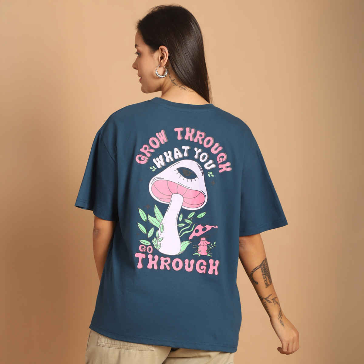 Fabflee Women Oversize Cotton Printed Round Neck Tshirt | Blue | FAB-OS-507 | S