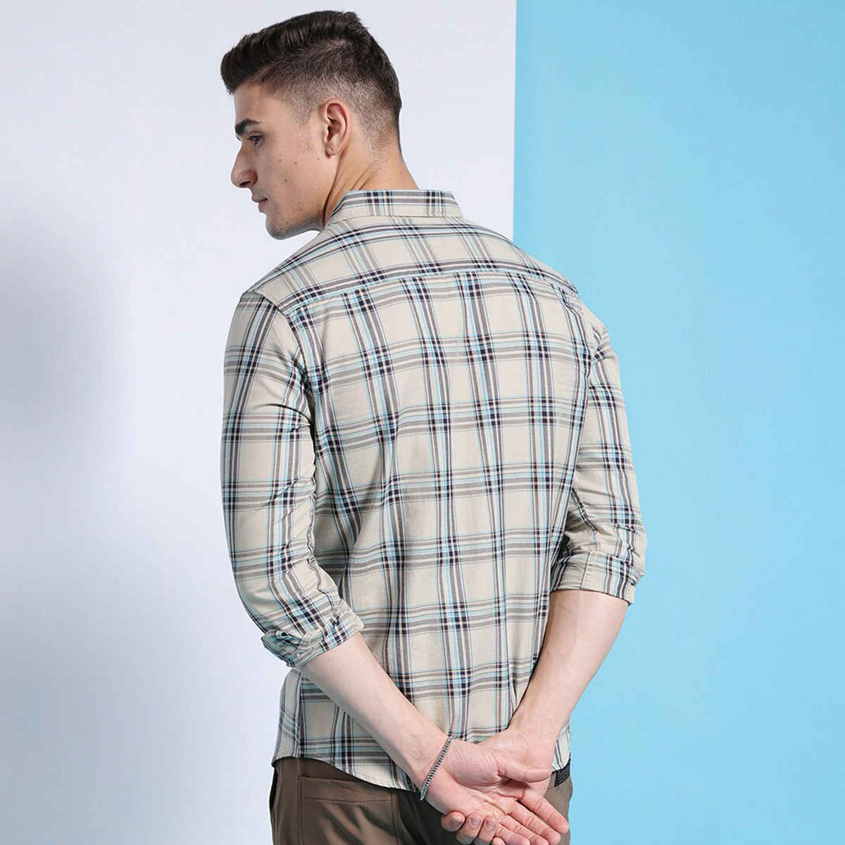 The Indian Garage Co Men's Slim Fit Checkered Casual Shirt | Khaki - XL