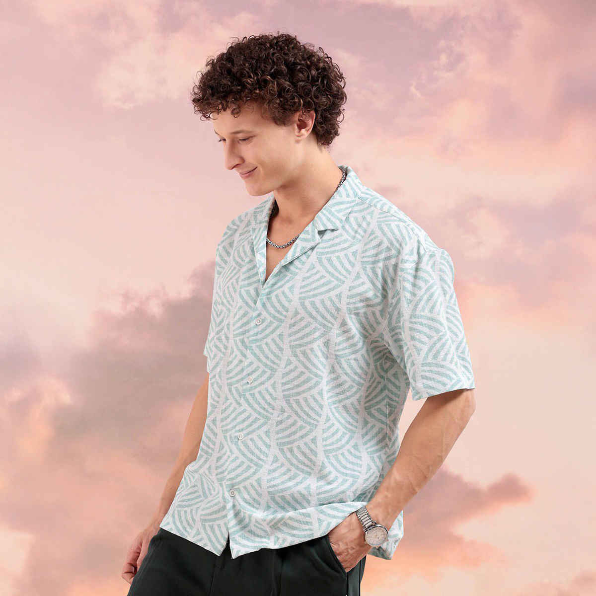 The Indian Garage Co Men's Relaxed Fit Art Deco Resort Half Sleeve Shirt | Green - M