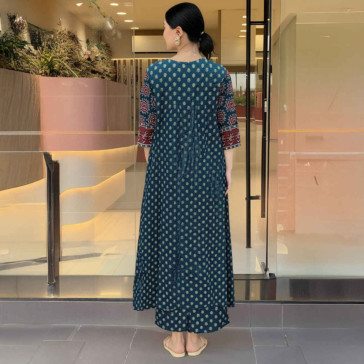 GoSriKi Women's Viscose Rayon Anarkali Printed Kurta with Pant & Dupatta | NAKULA | Blue - S