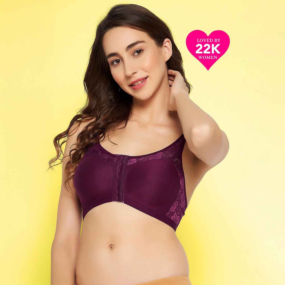 Clovia Women Non-Padded Non-Wired Spacer Cup Front Open Figure Bra - Cotton Rich | Purple | 32D