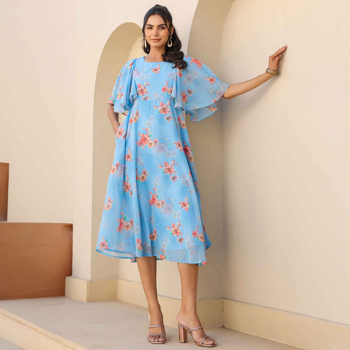 Janasya Women's Georgette Floral Printed A-line Dress | Blue - S