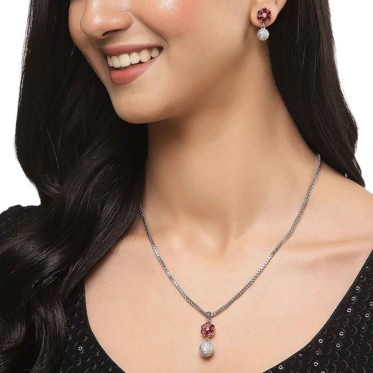 Zeneme Rhodium-Plated Silver Red CZ-AD Floral Cute Pendant Earrings Jewellery Set For Women & Girl