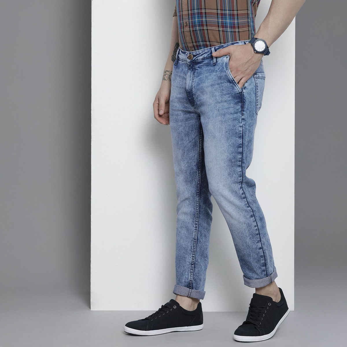 The Indian Garage Co Men's Slim Fit Solid Casual | Blue - 30