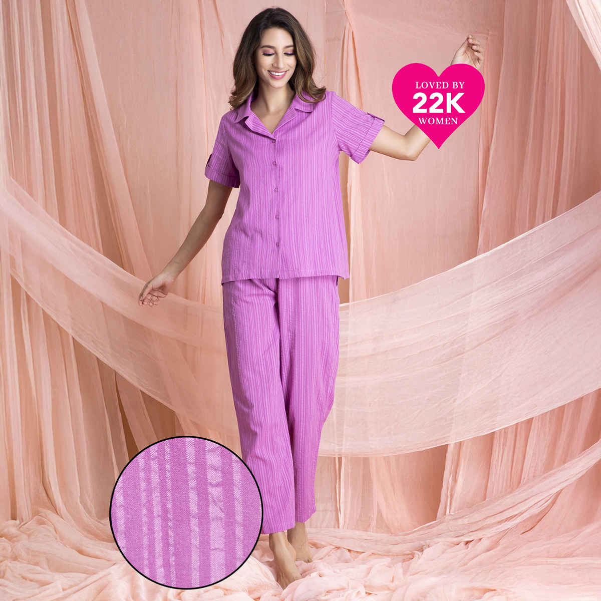Clovia Sassy Stripes Cotton Button-Down Shirt and Pyjama Set - Purple, XL