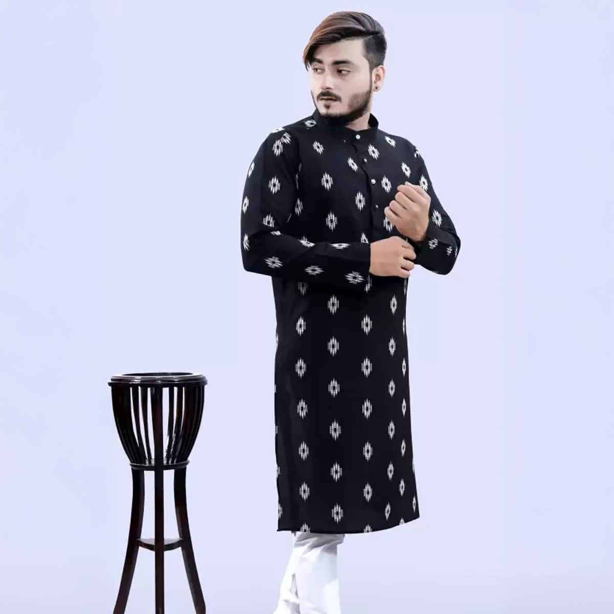 Tibra Collection Men Straight Kurta - Black | Printed | Cotton Blend | XXL
