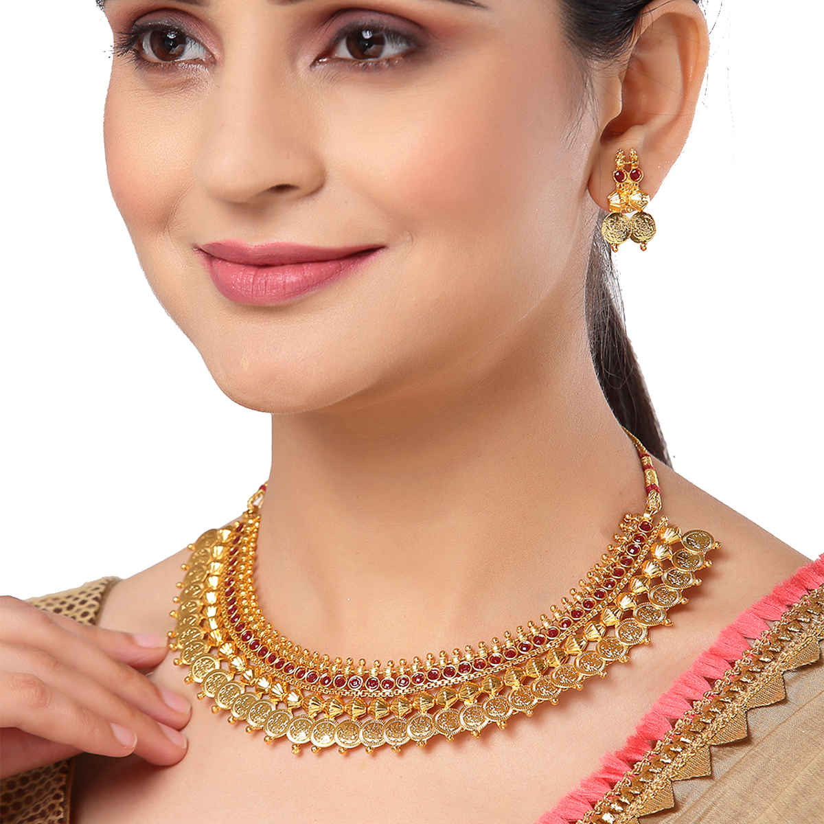 Zeneme Women's Gold-Plated South Indian Red Lakshmi Kasu Coin Temple Necklace