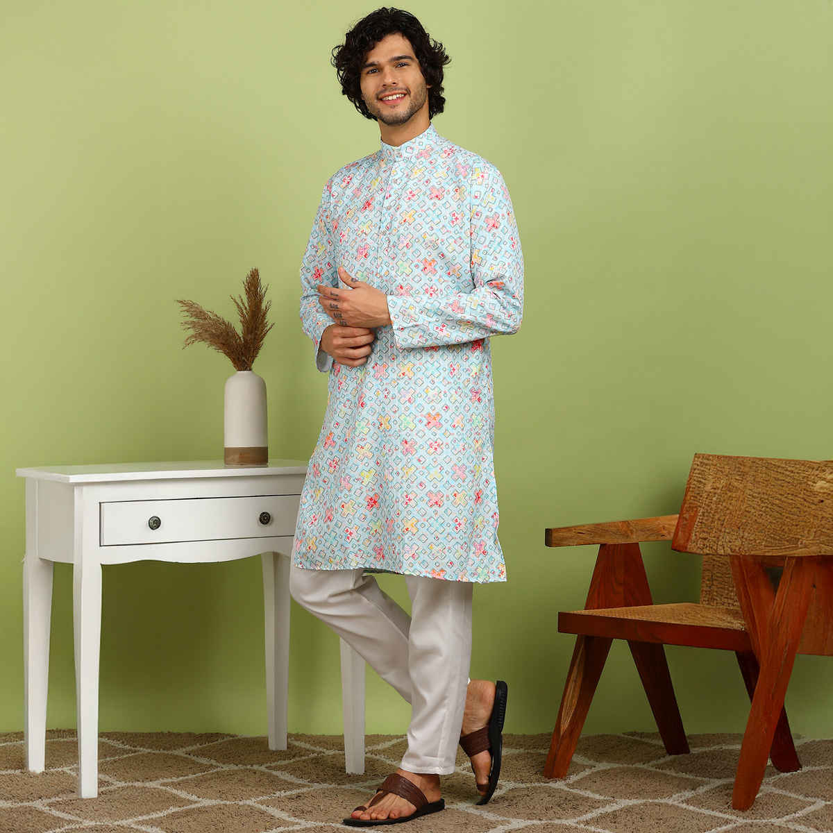 Allan Peter Men's Printed Long Kurta | Orange - XL
