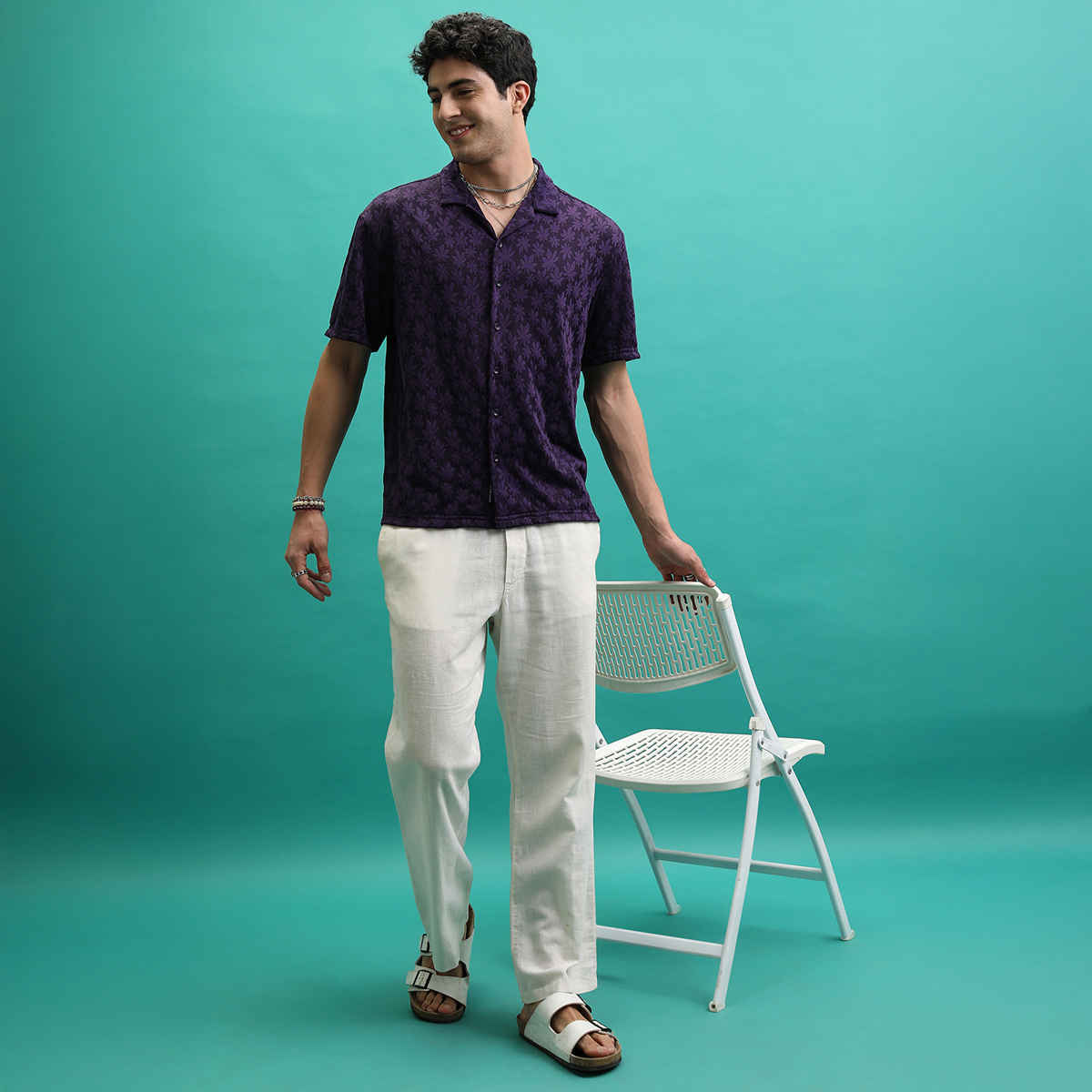 HIGHLANDER Men's Self Design Relax Fit Shirt | Violet - L