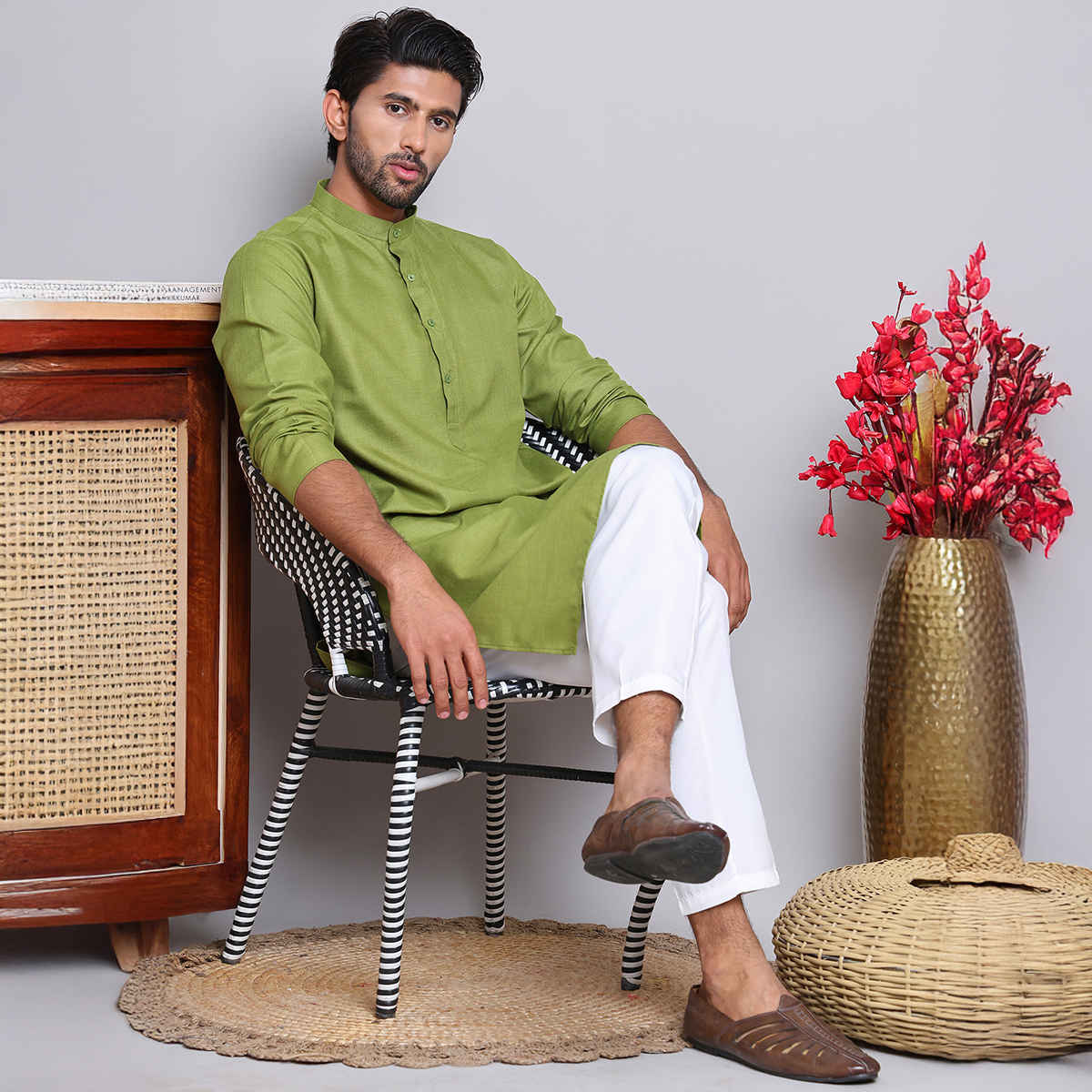 Jompers Men's Kurta | KO 5144 | Olive - XL