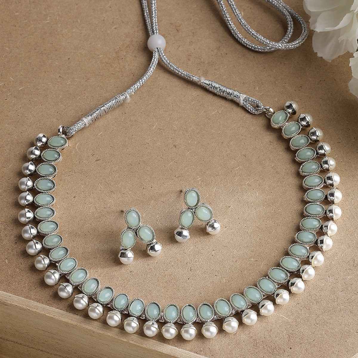 Zeneme Oxidised Silver Traditional Sea Green CZ Necklace With Earrings Jewellery For Women & Girls