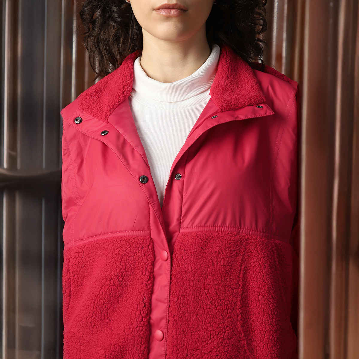 High Star Women's Self Design Hooded Front-Open Sweatshirt | Red - L
