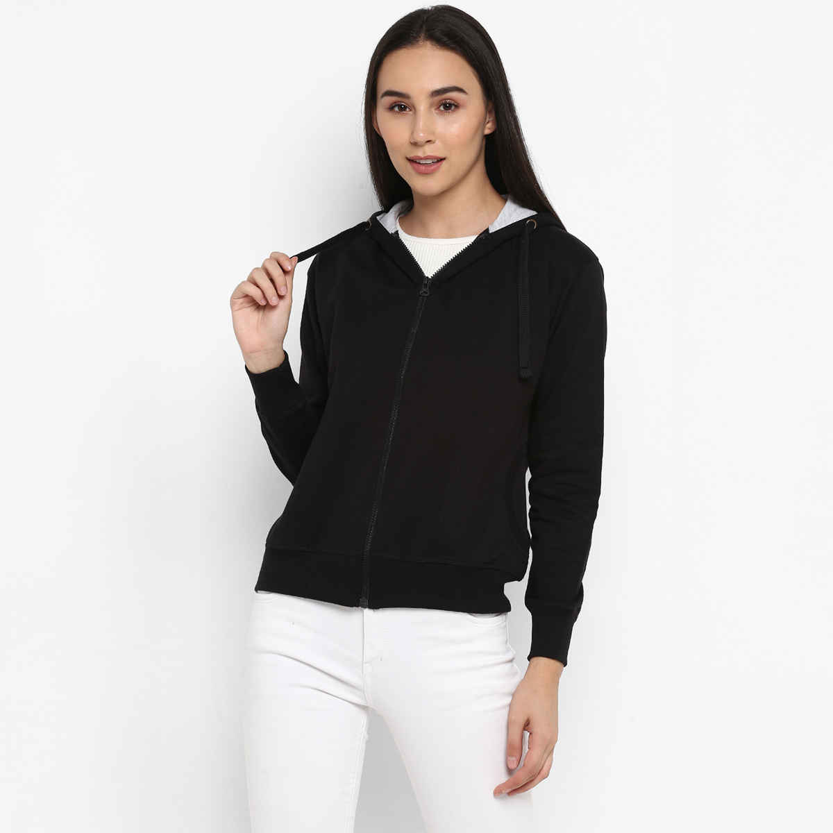 Alan Jones Clothing Women's Solid Zipper Hooded Sweatshirt | Black - L