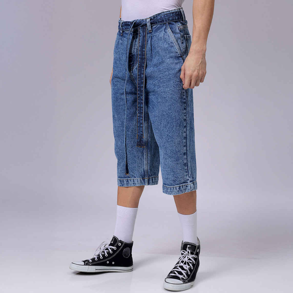 The Indian Garage Co Men's Loose Solid Street Capri Jeans | Blue - 30