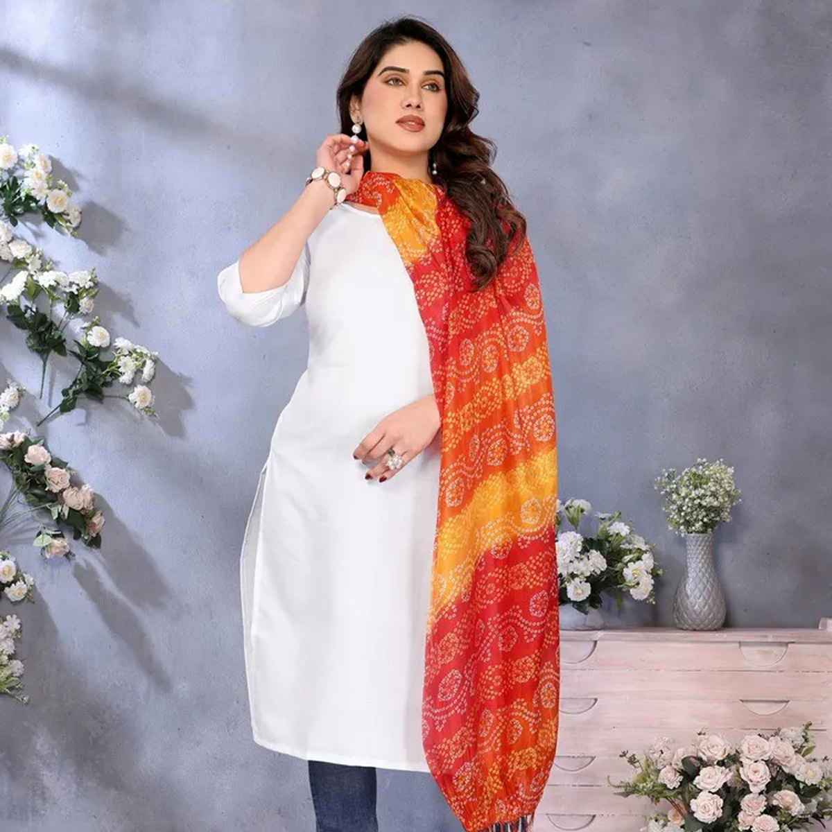 Riglozi White 3/4 Sleeves Cotton Made White Long Round Neck Regular wear Kurti for Women | L