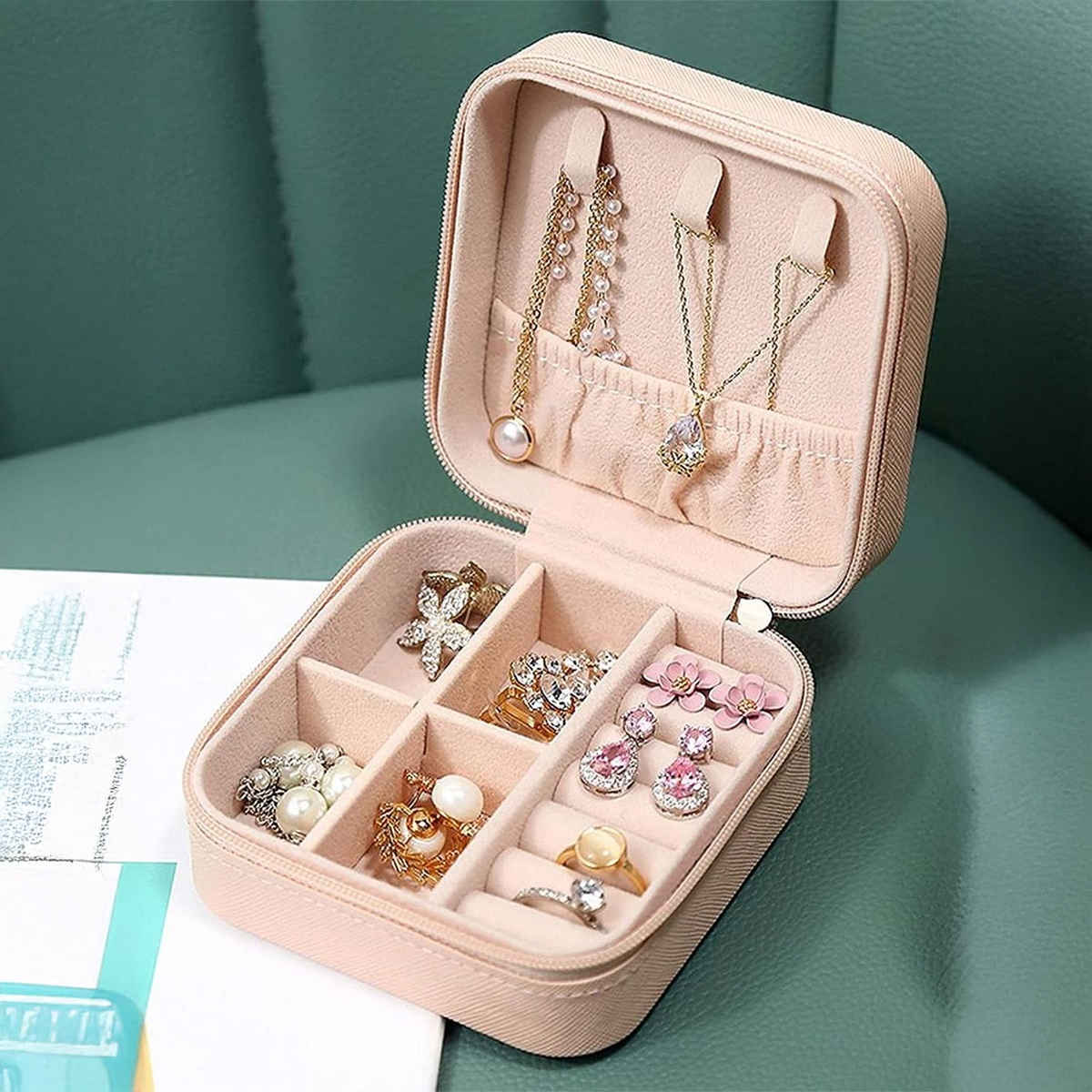 YouBella Jewellery Organiser PU Leather Zipper Portable Storage Box Case (Style 1) - Pink