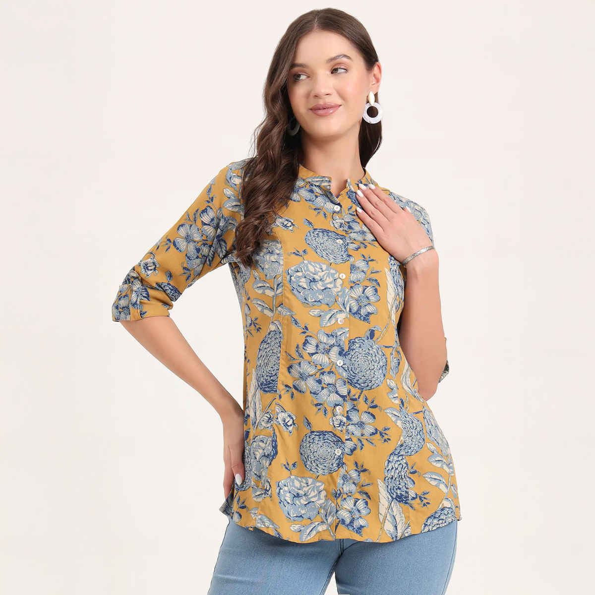 Divena Women's Rayon Rollup Sleeves A-Line Top | DBK1439 | Mustard - S