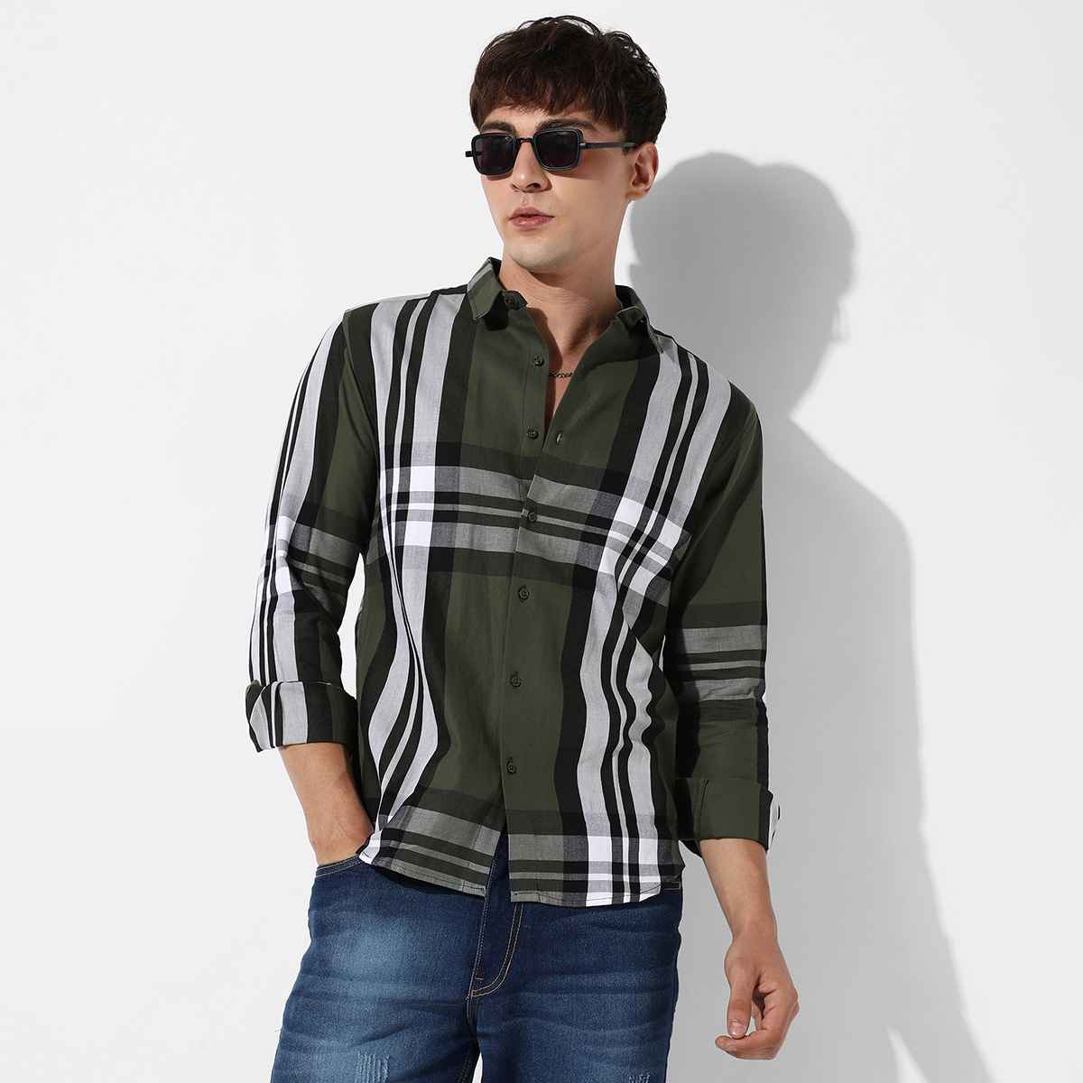 Campus Sutra Men's Tartan Plaid Shirt | Dark Green - L