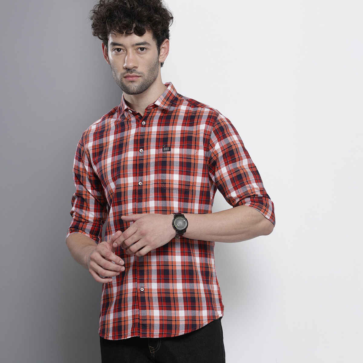 The Indian Garage Co Men's Slim Fit Checkered Casual Shirt | Red - M