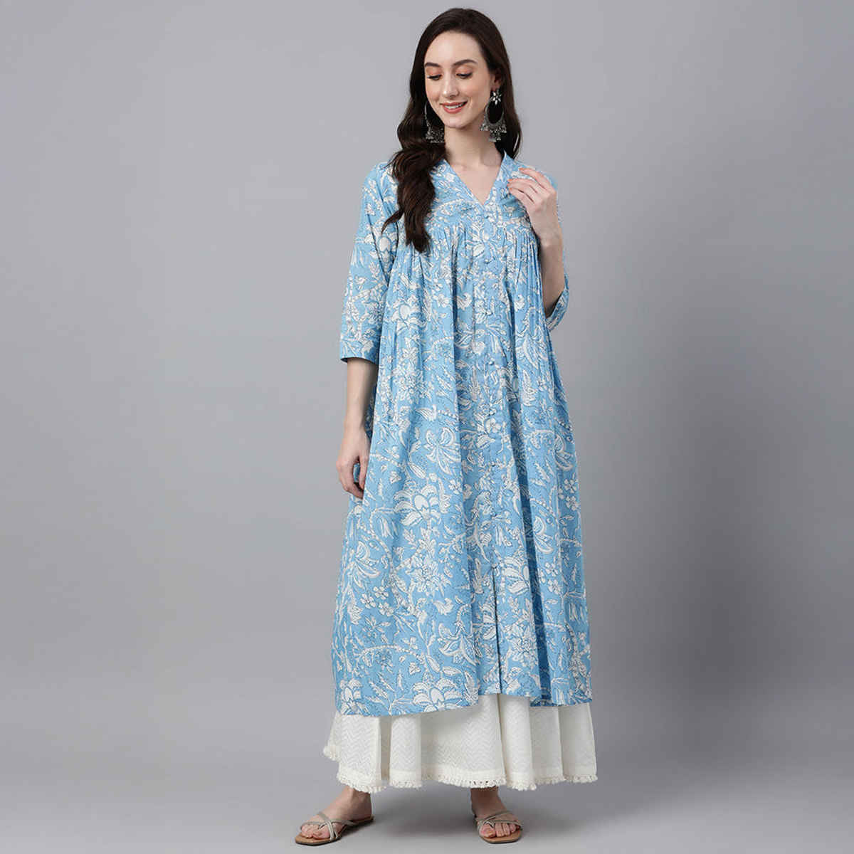 Janasya Women's Sky Blue Pure Cotton Floral Printed Flared Kurta | 2XL