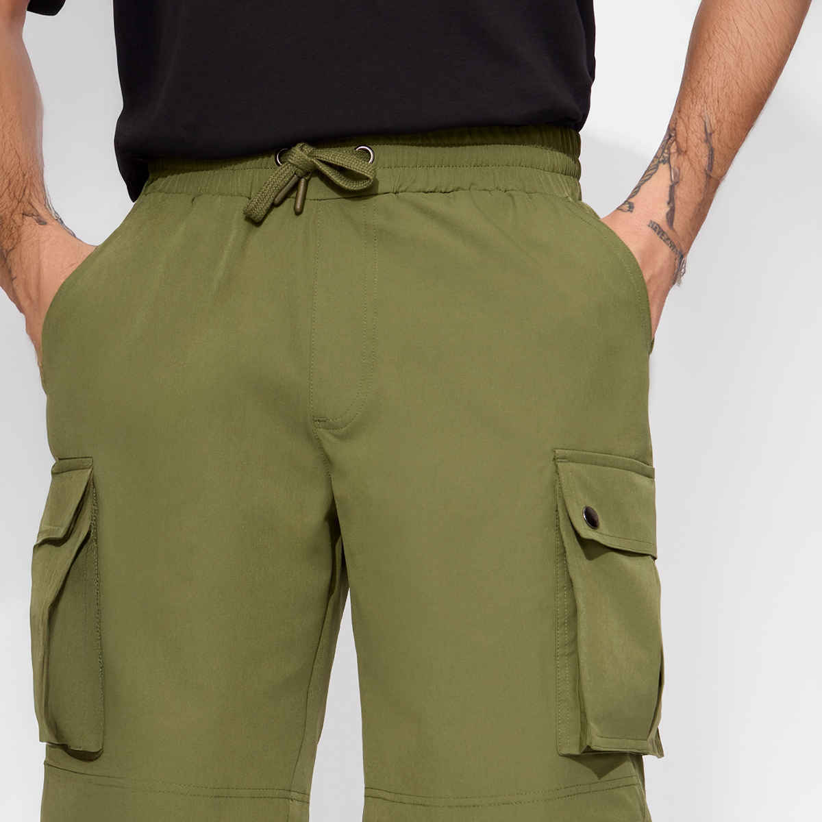 The Souled Store Men's Solids Cargo Shorts | Military Olive - L