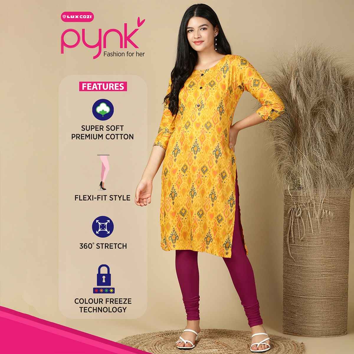 PYNK By Lux Cozi Women Ultra Soft 360 Stretch Premium Cotton Churidar Leggings | Falsa | Free Size