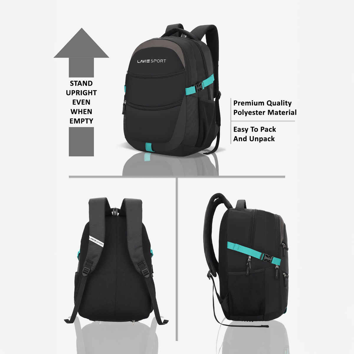 Lavie Sport Unisex Solid Polyester Padded Grab Handle Laptop Backpack | Black | M (31 x 20 x 46 cm)