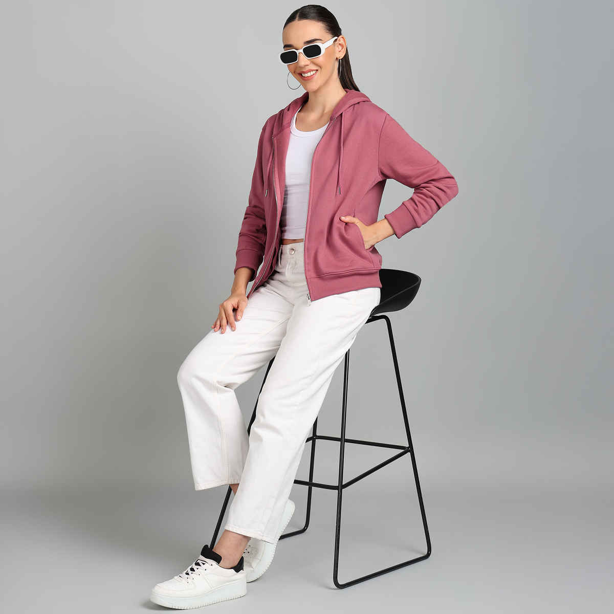 Alan Jones Clothing Women's Solid Zipper Hooded Sweatshirt | Mauve - XL