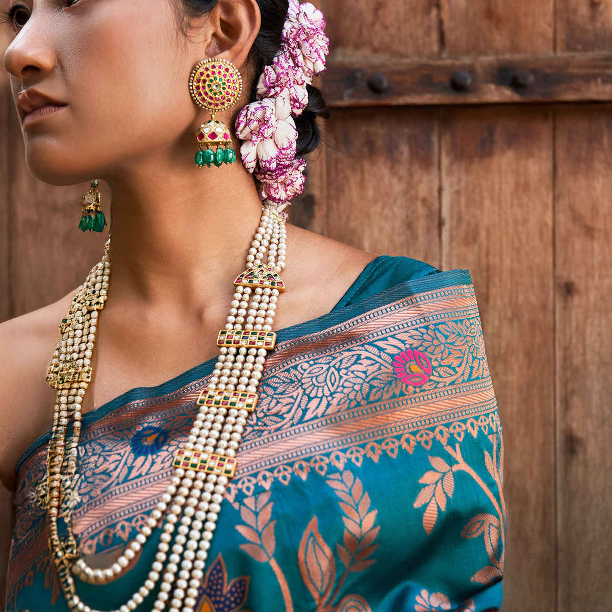 Janasya Women's Banarasi Design Saree with Unstitched Blouse Piece | SAR304 | Teal Green