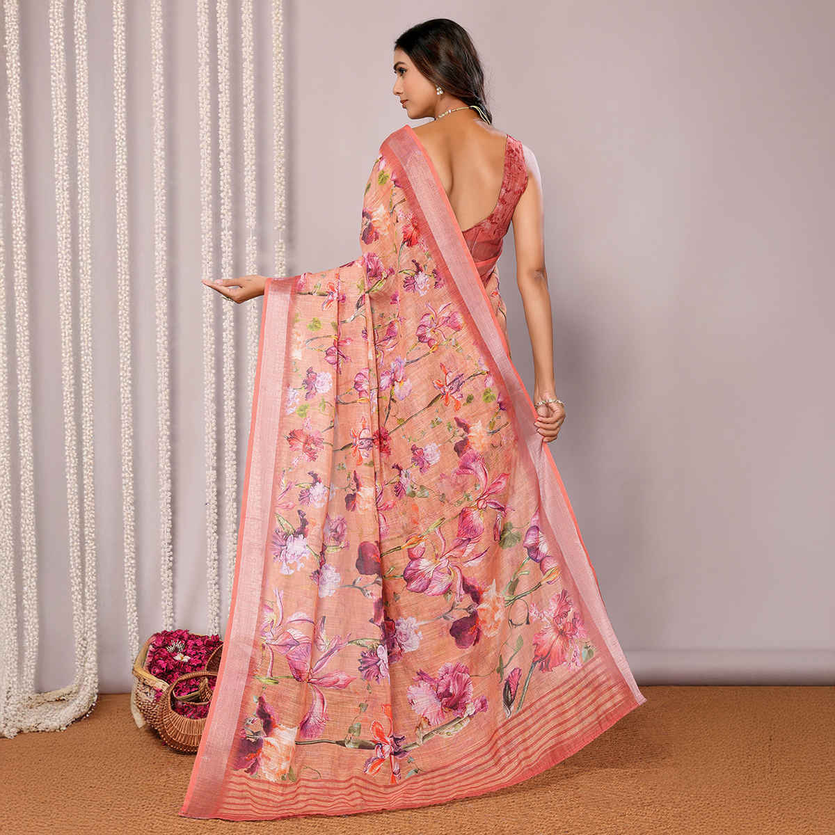 Janasya Women's Cotton Linen Floral Printed Saree with Blouse Piece | SAR452 | Peach