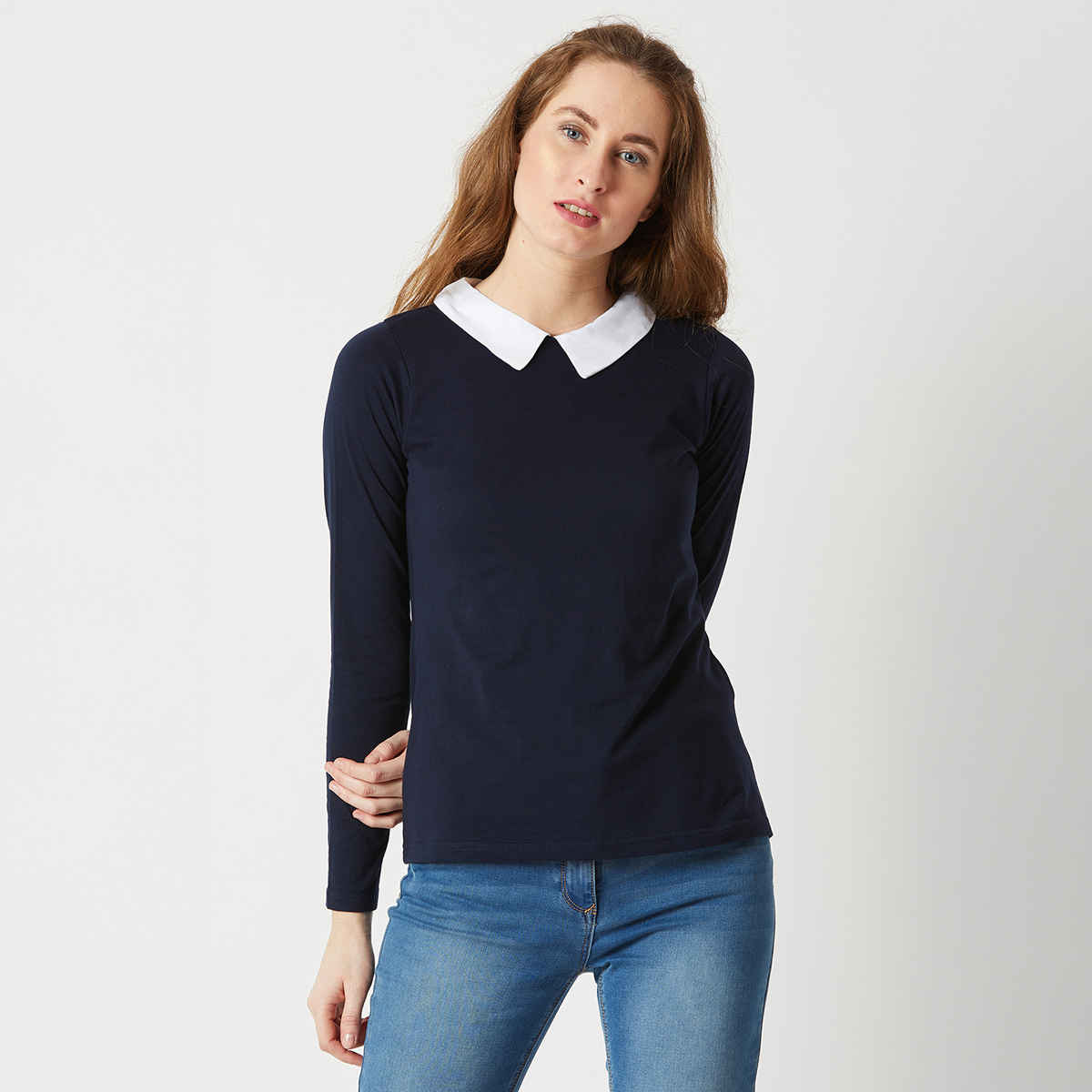Round Collared Miss Chase Women Collared Round Neck Full Sleeve Cotton Solid Buttoned ...