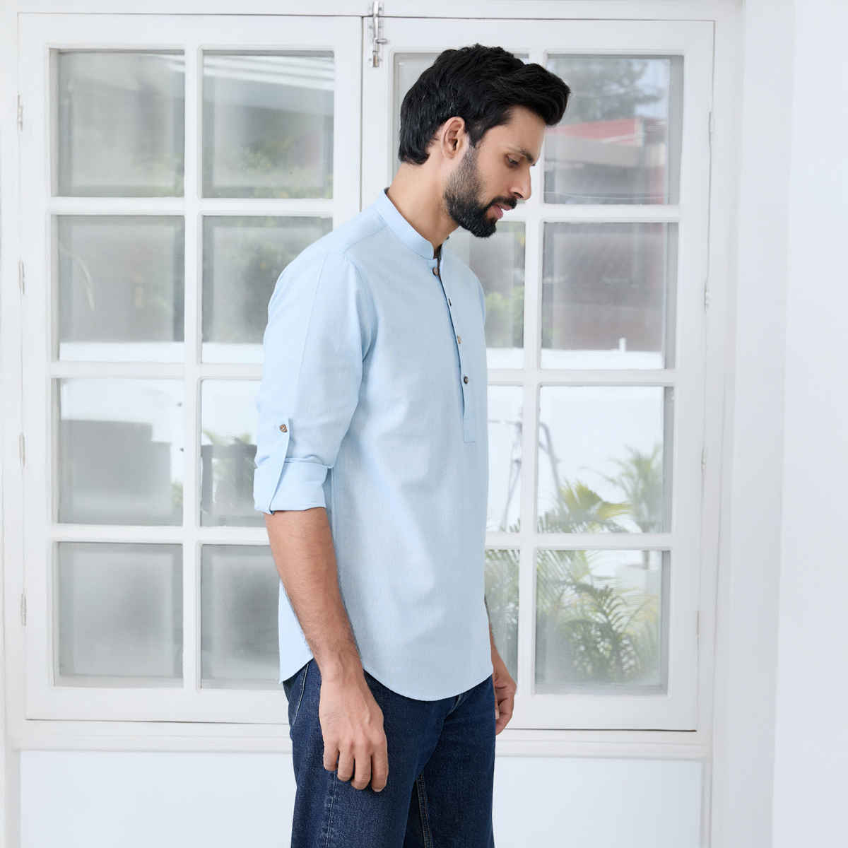 See Designs Men's Solid Cotton Short Kurta | Light Blue - XL