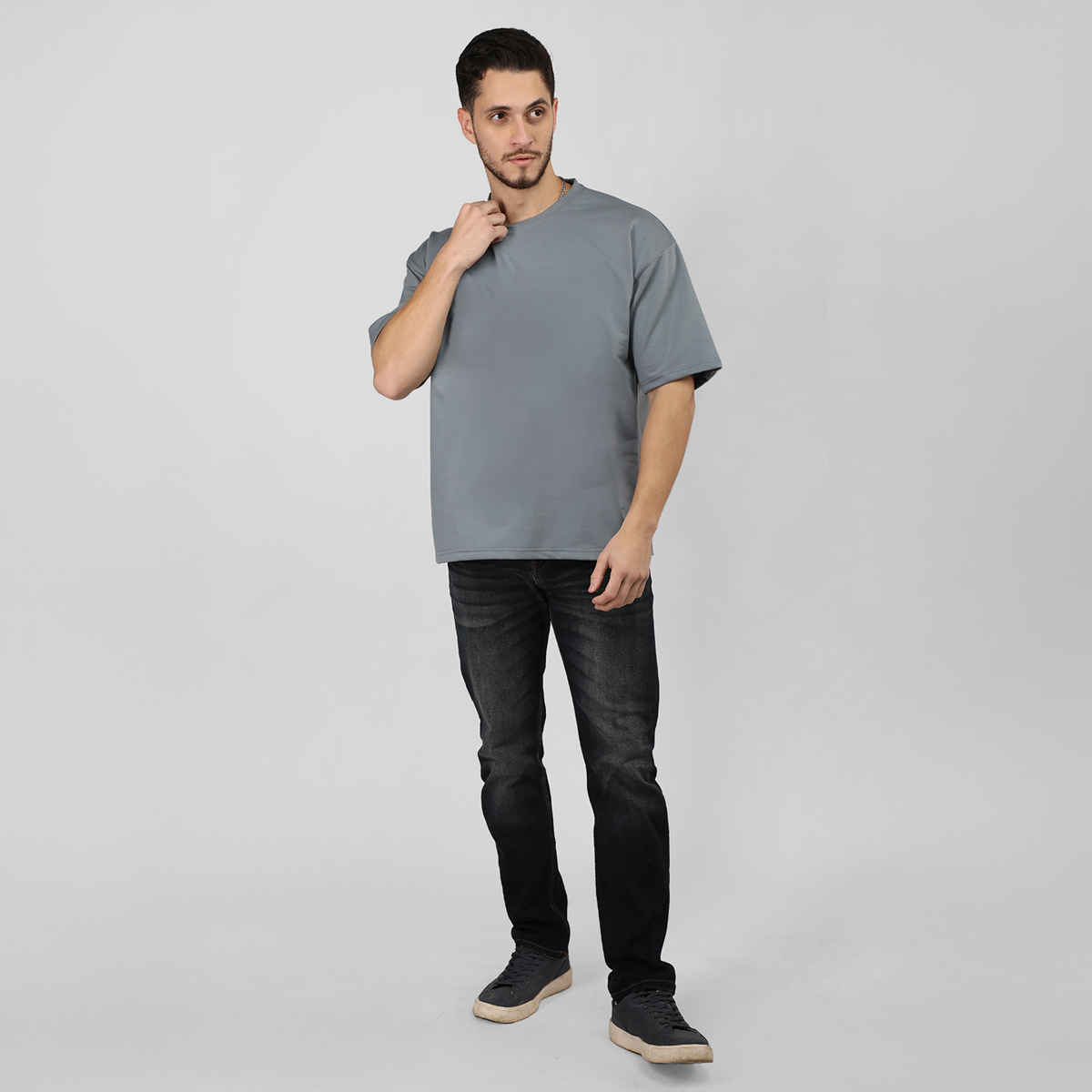 Chkokko Oversized Solid Round Neck Tshirts for Men Slate Grey M
