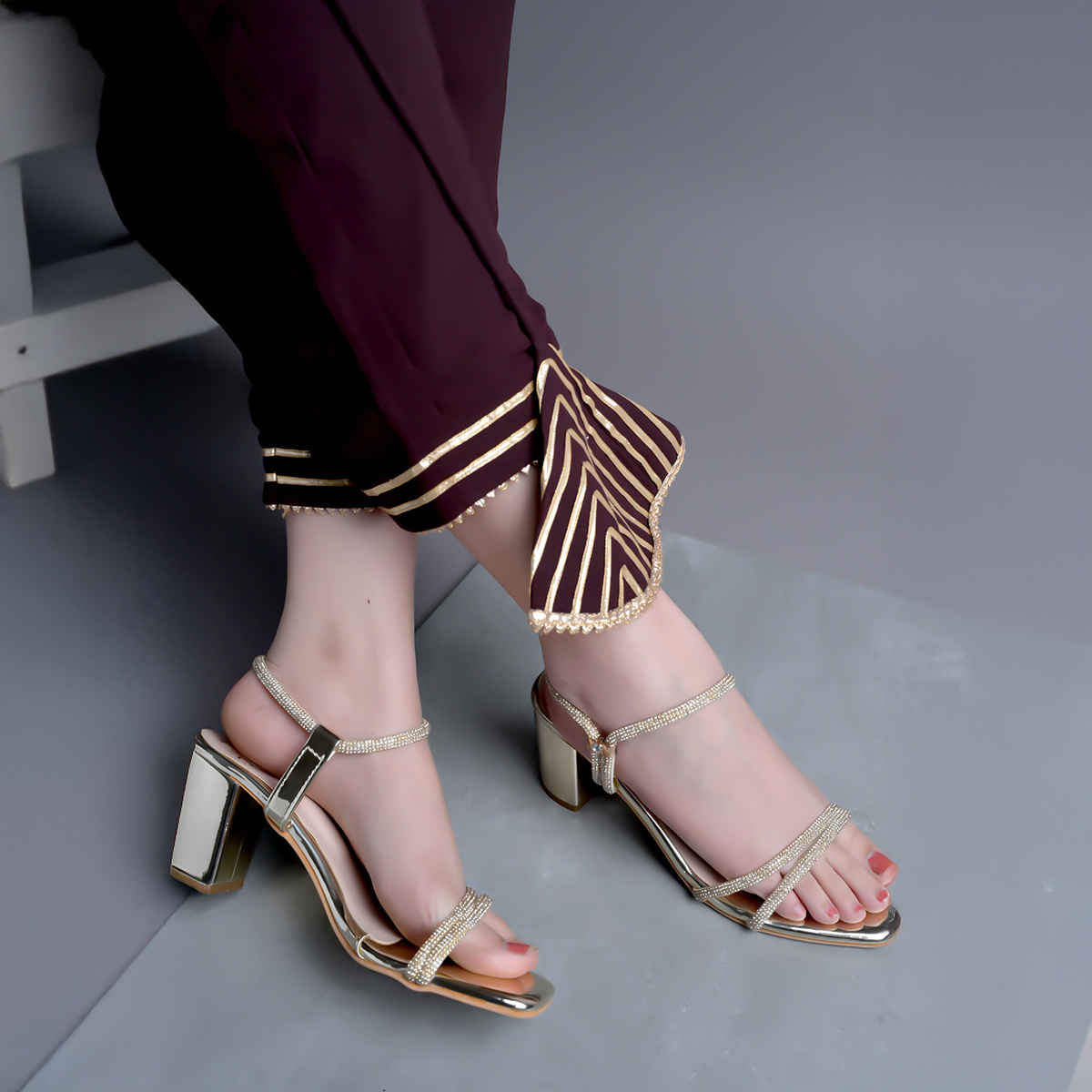 Shoetopia Women's Embellished Rhinestones Strap Heels | Heel-1246 | Golden - UK 5