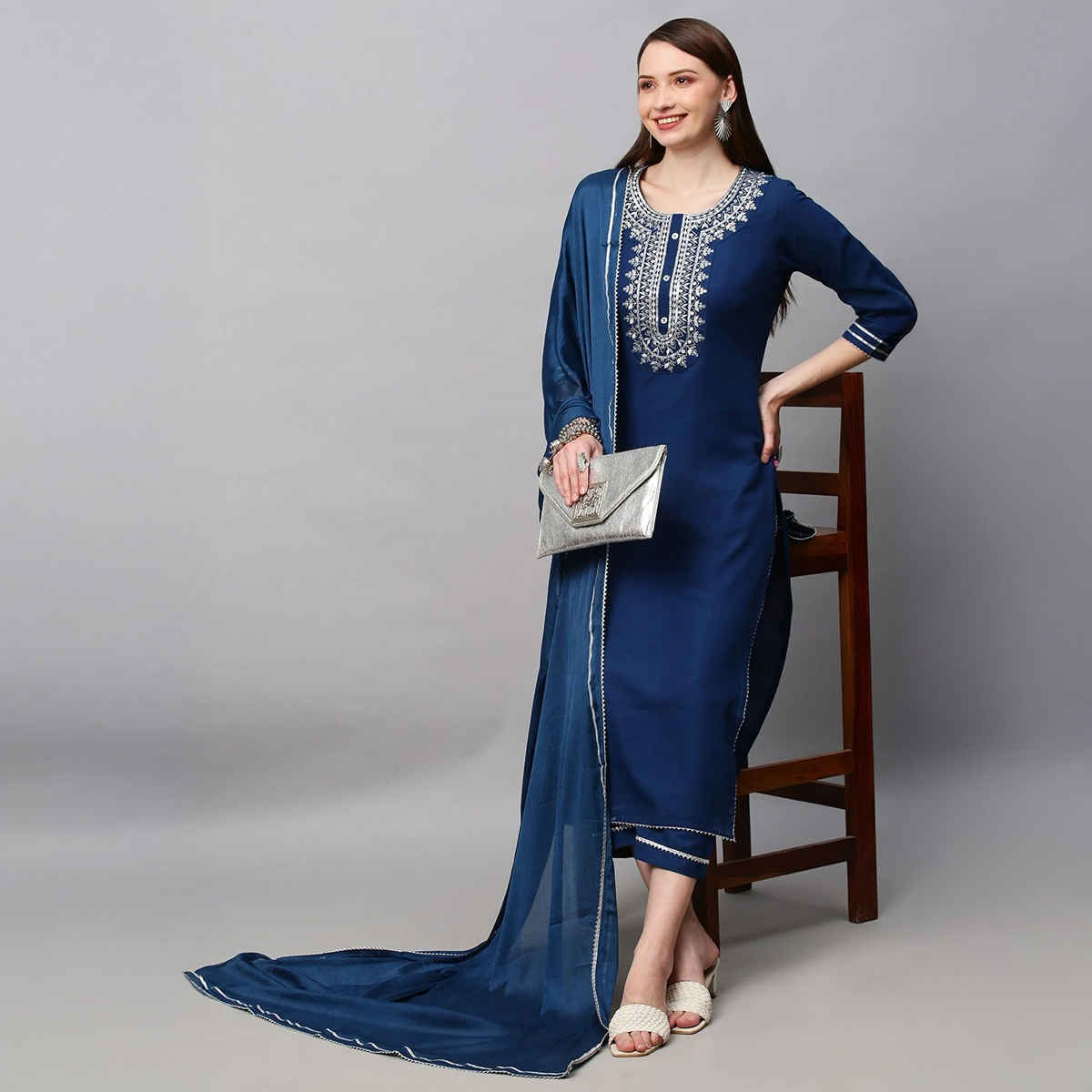 GoSriKi Women's Viscose Rayon Straight Embroidered Kurta with Pant & Dupatta | Blue - S