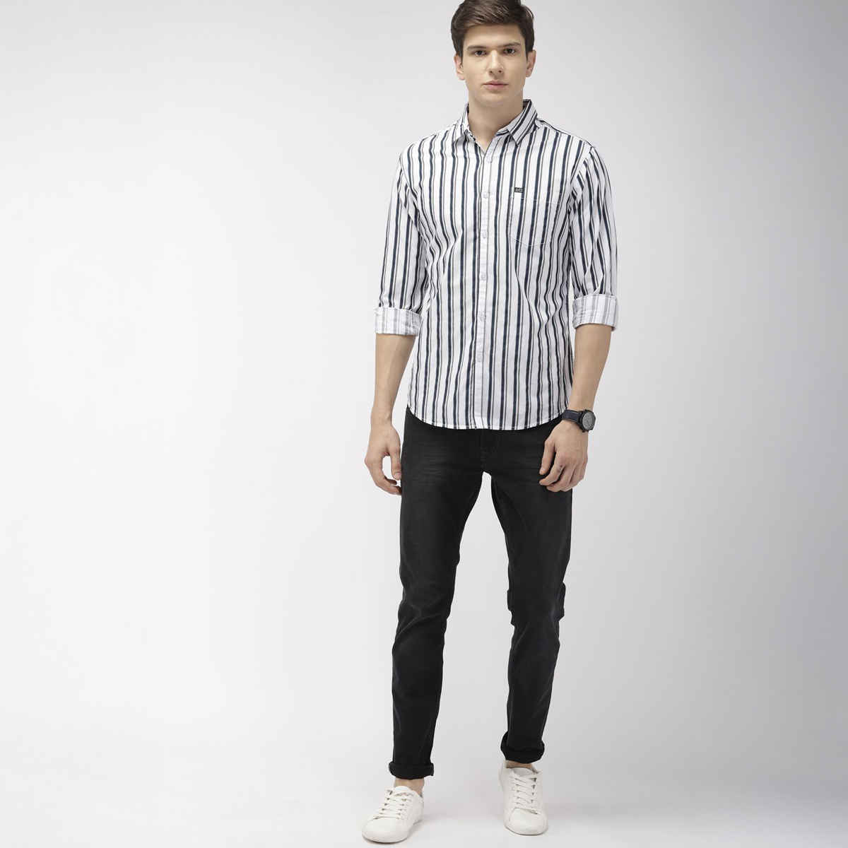 The Indian Garage Co Men's Slim Fit Multi Stripes Casual Shirt | White - S