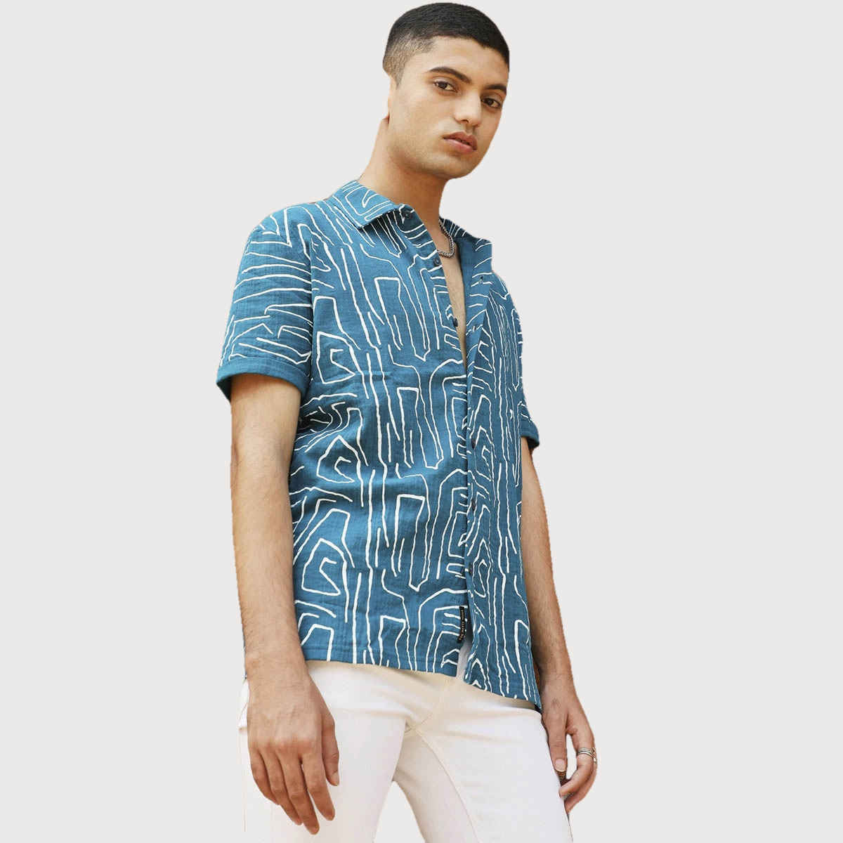 Campus Sutra Men's Abstract Lines Print Shirt | Blue - S