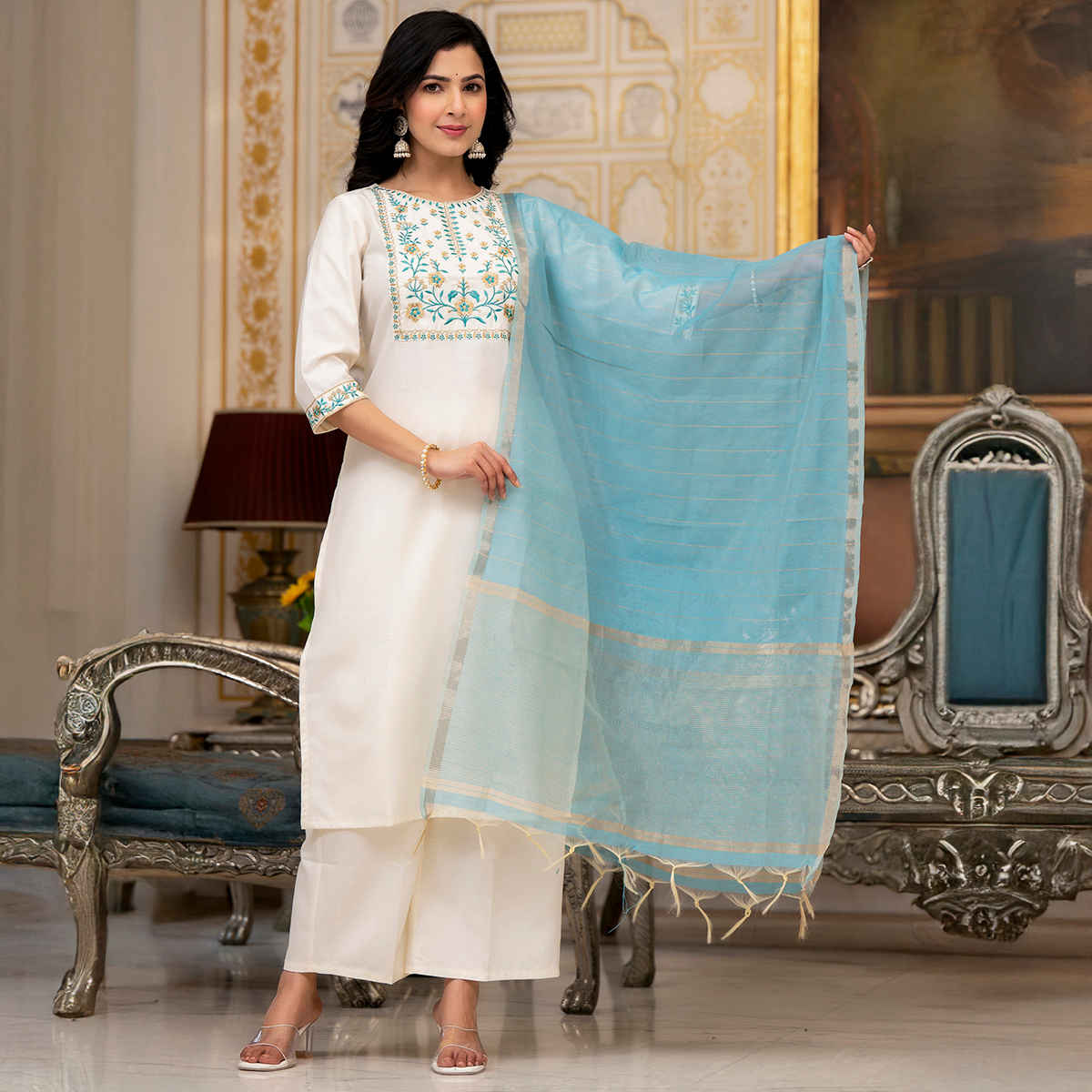 Vishudh Women's Embroidered Panel Straight Kurta with Palazzo & Dupatta | PVK3000003 | Cream - XL